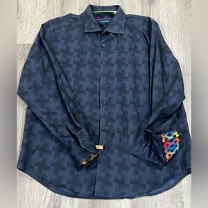 Robert Graham XL Exclusive Flip Cuff Navy Geo Neon Dry Cleaned Button Shirt